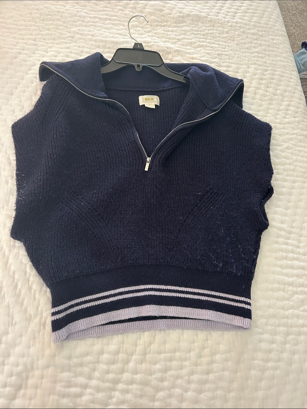 Maje Navy Sleeveless Zip-Up Knit Vest with Light Stripe Hem